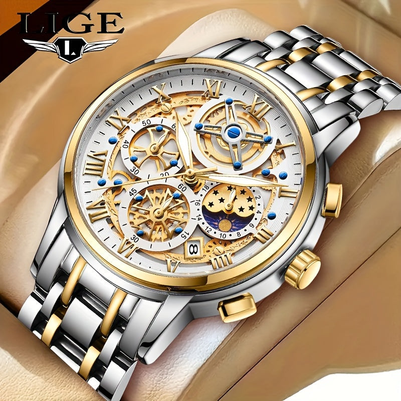 [LIGE Luxury Watch] LIGE Luxury Business Men's Watch - Stainless Steel Strap Fashion Creative Gear Dial Luminous Calendar Quartz Watches - Suitable for Family Gatherings as Gifts