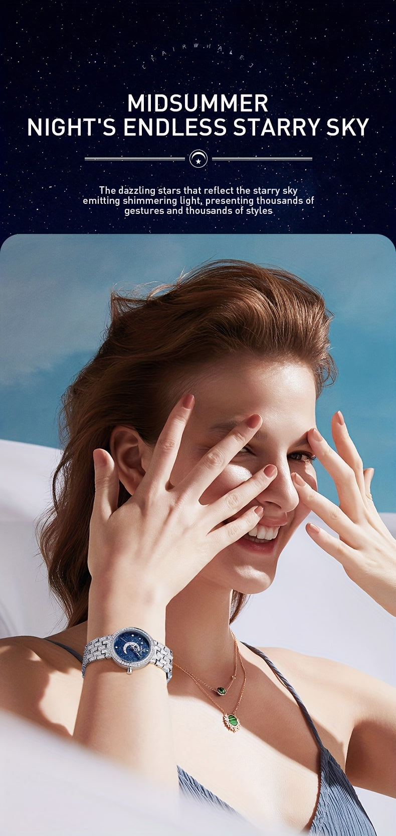 ساعات كوارتز دائرية بحزام من الفولاذ المقاوم للصدأ ومؤشر من سبائك الفولاذ المقاوم للصدأ وقرص من حجر الراين وساعات مضيئة بمرحلة القمر وسماء مرصعة بالنجوم وهدايا للعيد