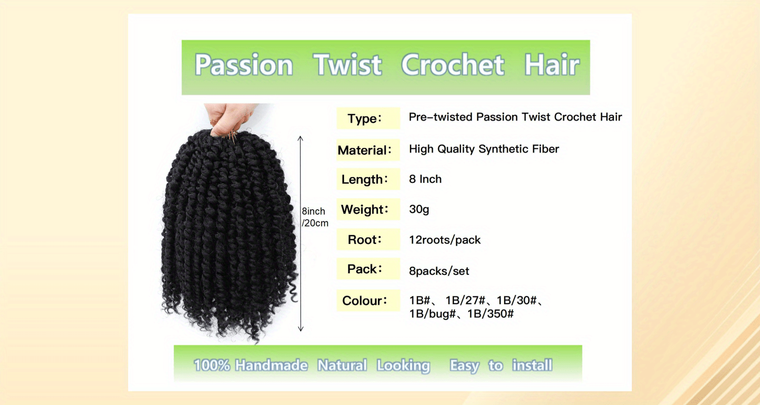 YOROSTAR 8 Inch Pre-Twisted Synthetic Soft Crochet Hair Extensions - 8 Packs, Low Temperature Fiber, Pre-Looped Passion Twist Curly with 6 Inch Hair, Crochet Needle & Hair Rings Gift for Black Women