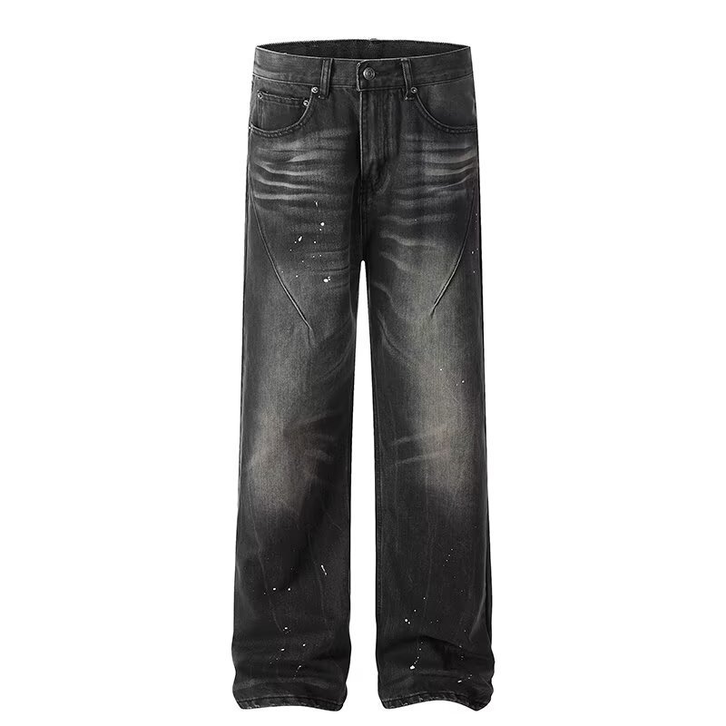 New American-style Retro High-street Black Tie-dye Straight-leg Jeans