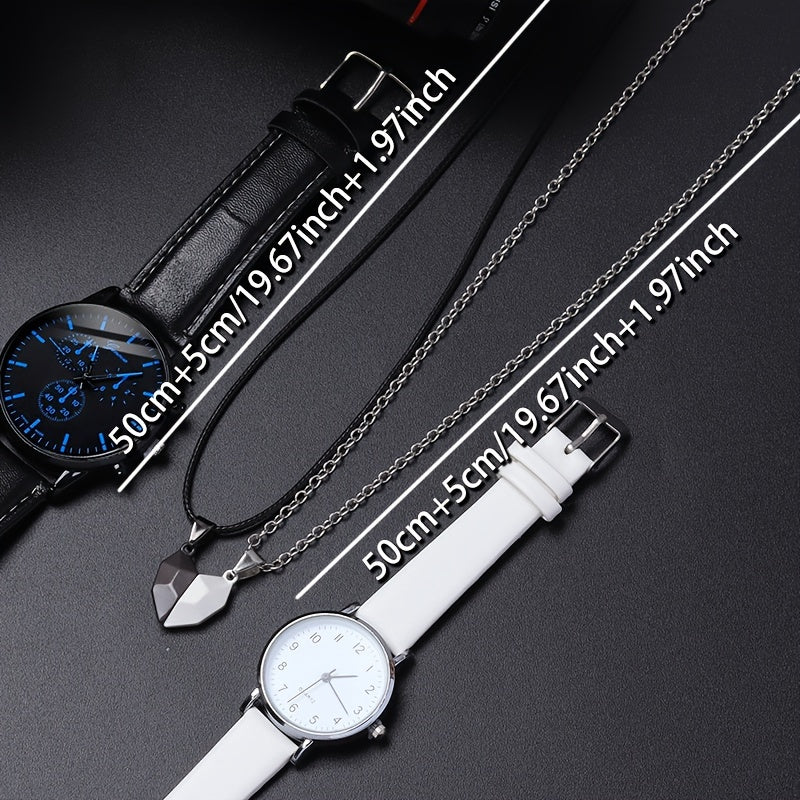 4pcs/set Romantic Couples Watch & Necklace Set - Stylish Quartz Watches with Adjustable Leather Bands & Matching Heart Pendants, Perfect Valentines Day Gift for Lovers