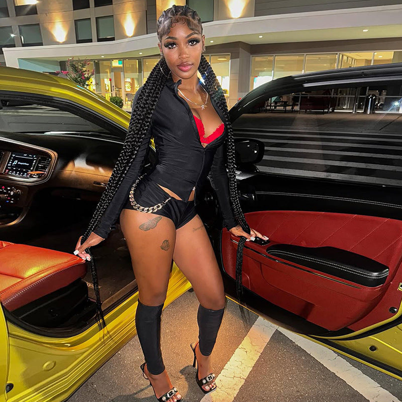 Stand-up Collar Zippered Casual Shorts And Socks Three-piece Set