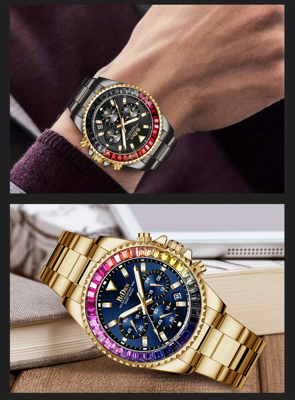 ساعة كوارتز كرونوغراف للرجال بسوار من الفولاذ المقاوم للصدأ ومقاومة للماء وتاريخ اليوم، ساعات يد كاجوال للأعمال