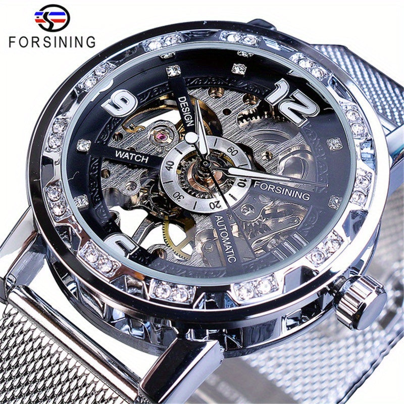Vintage Skeleton Mechanical Watches Rhinestone Studded Stainless Steel Strap Luminous Watch, Ideal choice for Gifts