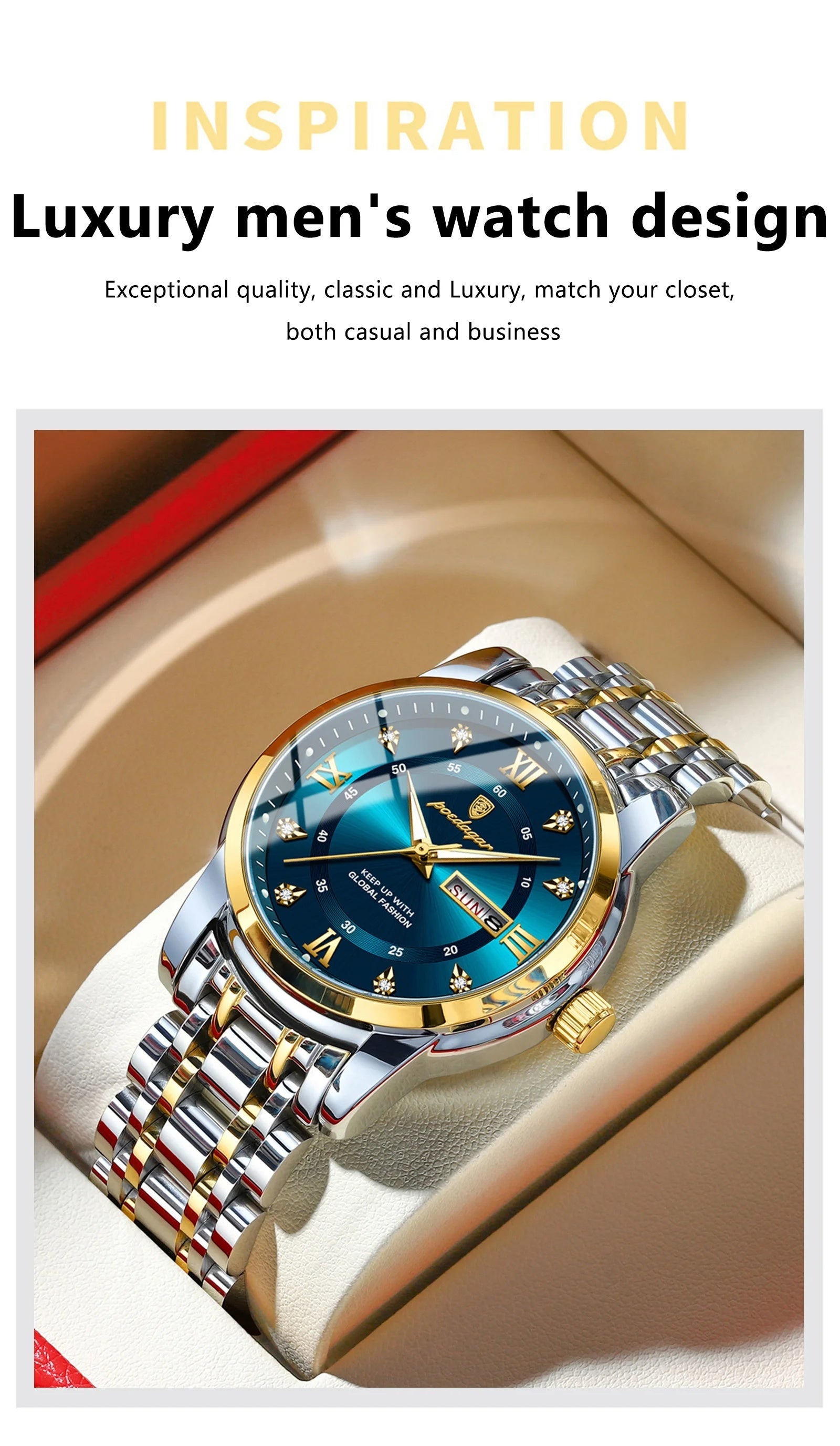 ساعة كوارتز أنيقة مقاومة للماء ومضيئة من الفولاذ المقاوم للصدأ للرجال