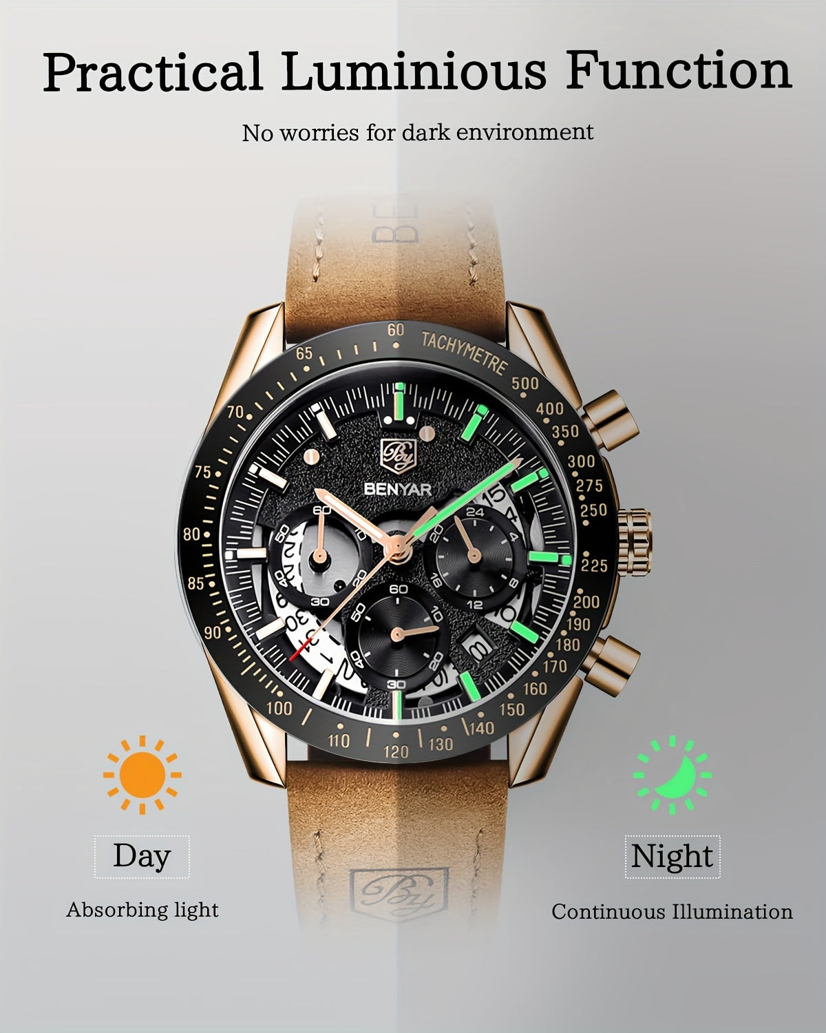 BENYAR Watches For Men Analog Quartz Chronograph Luminous Big Face Mens Watches Business Work Sport Casual Fashion Designer Dress Men'S Wrist Watches Elegant Gift For Men