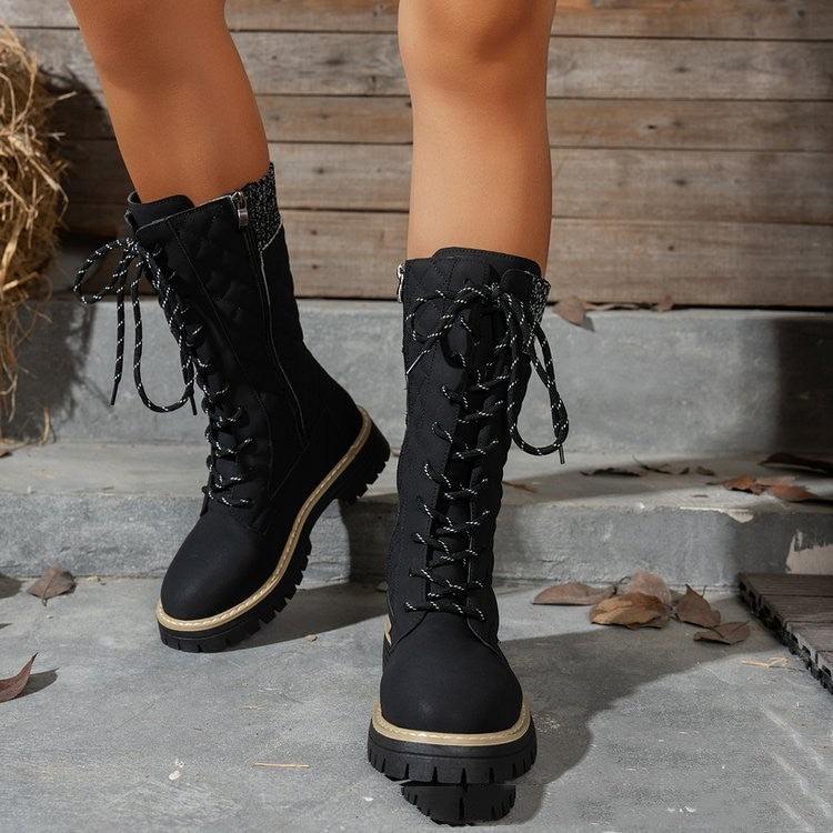 Check The Color-matched Front-lace-up Thick-heeled Martin Boots