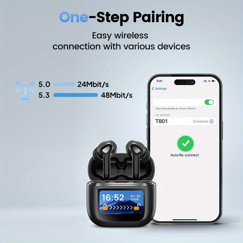 50H Playtime Smart Wireless Earbuds 5.3 with Touch Screen Charging Case - Bass Stereo Earphones with Mic for Sports, Work, Android/Phones