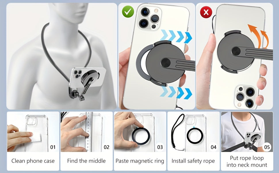 Universal Neck Mount for Phones - Hands-Free POV/Vlog Selfie Holder with Chest Strap for iPhone 15, 14, 13, 12 Series & Android Phones