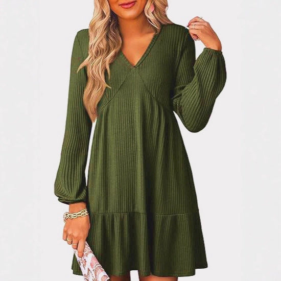 Cinched Waist V-Neck Casual Loose-Fit Straight-Shape Long-Sleeve Dress