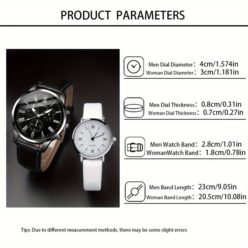 4pcs/set Romantic Couples Watch & Necklace Set - Stylish Quartz Watches with Adjustable Leather Bands & Matching Heart Pendants, Perfect Valentines Day Gift for Lovers