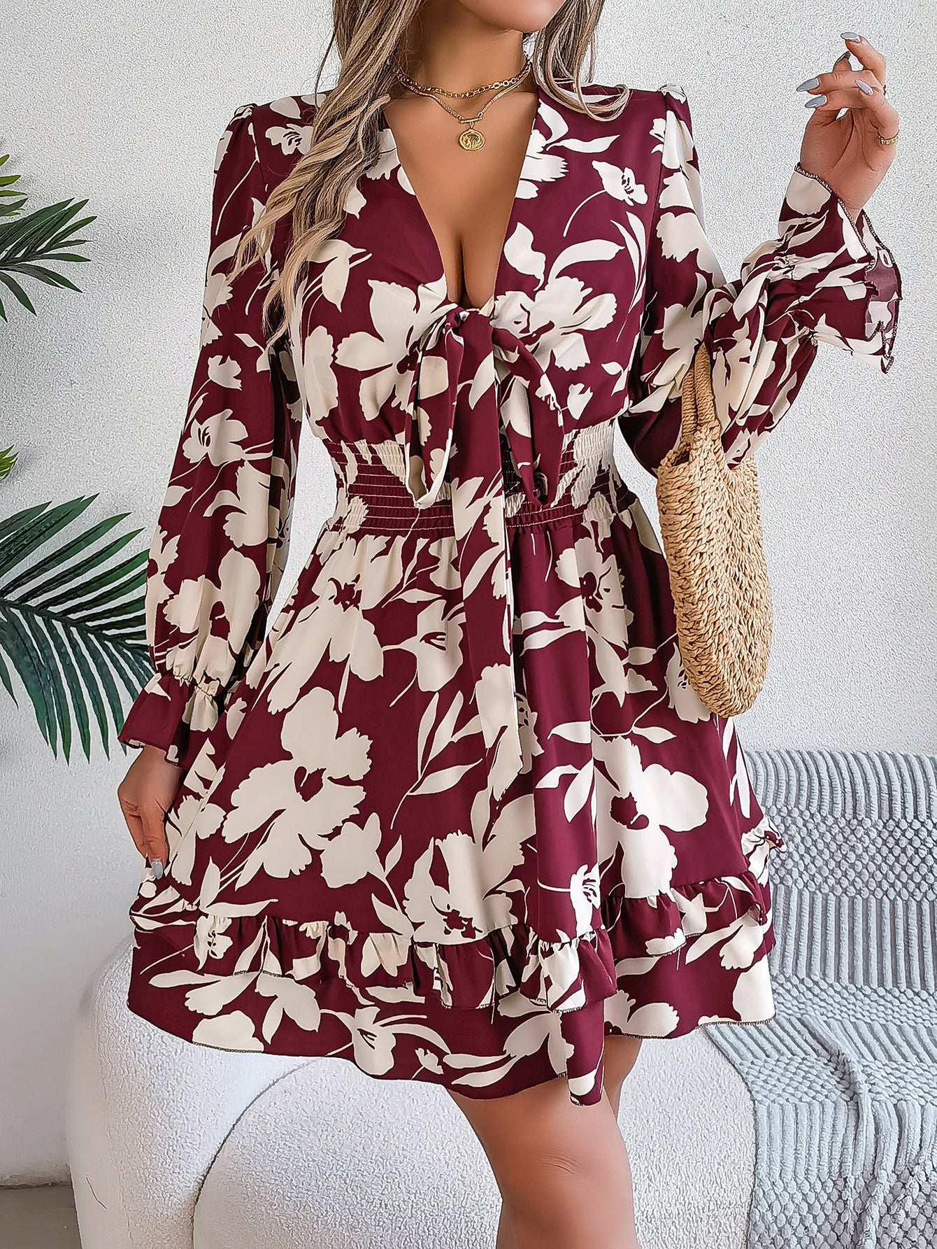 Women's Floral Long Sleeve Scalloped Hem A-Line Dress
