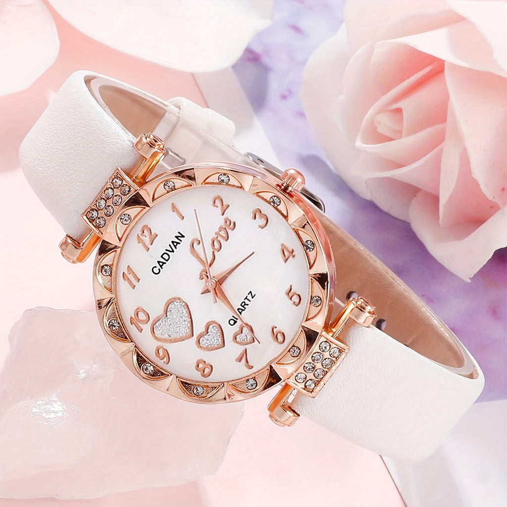 5pcs/set Adorable Heart Womens Watch - Glamorous Rhinestone Quartz Analog Wrist Watches & Jewelry Ensemble - Sparkling Timeless Accessories, Ideal Gift for Her