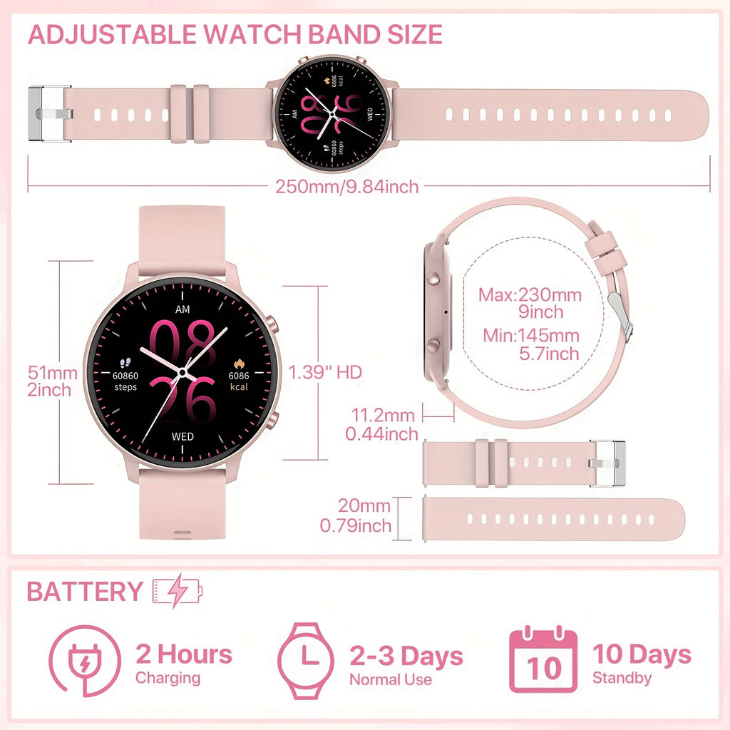 1.39-inch Women's Smart Watch with Full Touch Screen, Make/Receive Calls, Message Push, Fitness Tracker, Pedometer, 100+ Sports Modes for iPhone/Android Phones