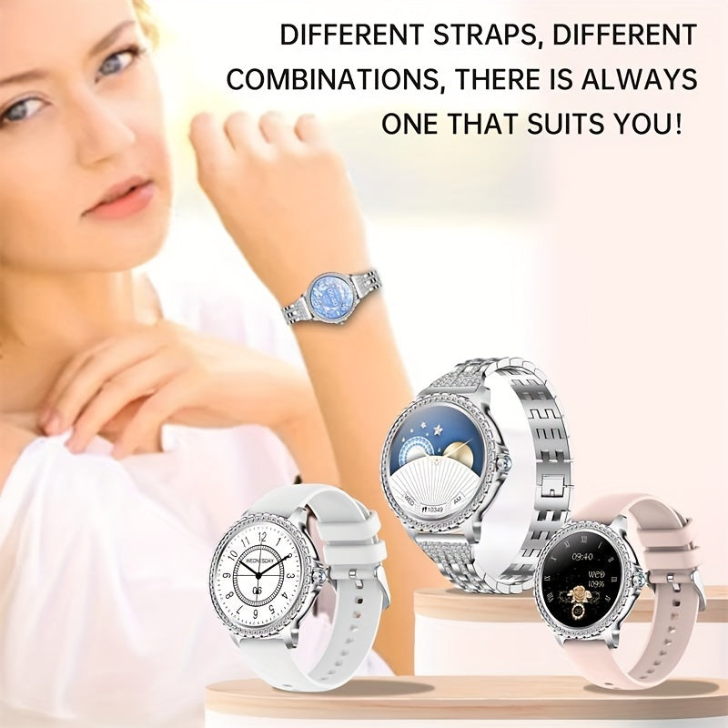 ساعة ذكية، ساعات ذكية تعمل باللمس بالكامل متوافقة مع أندرويد وآيفون، (الرد على المكالمات/إجرائها) ساعة ذكية لتتبع اللياقة البدنية للنساء/الرجال مع ساعة ذكية رياضية/خطوة، مثالية للهدايا (تشمل الأشرطة: فضي + بيج + وردي فاتح)