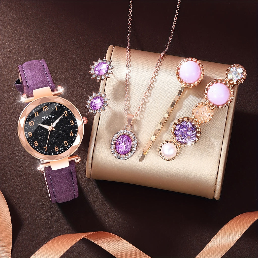 6 قطع من ساعات الكوارتز الأرجوانية للنساء ساعة معصم من الجلد الصناعي مجموعة مجوهرات من سبائك معدنية هدية رائعة لأمها وصديقتها هدايا للعيد