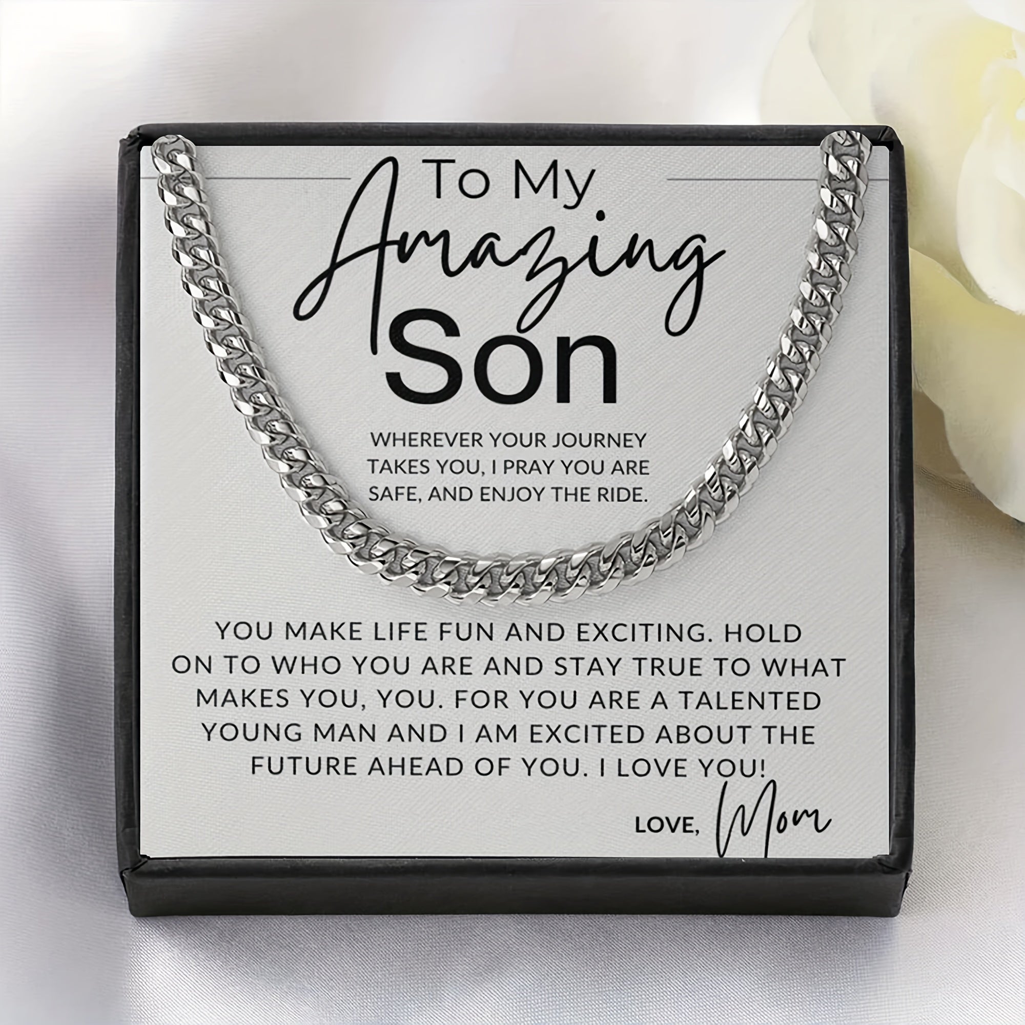 Personalized Silvery Gray Cuban Chain Necklace for Son, 304 Stainless Steel, Sports Theme, Minimalist Pendant, Unique Gift from Mom, High-Quality Jewelry