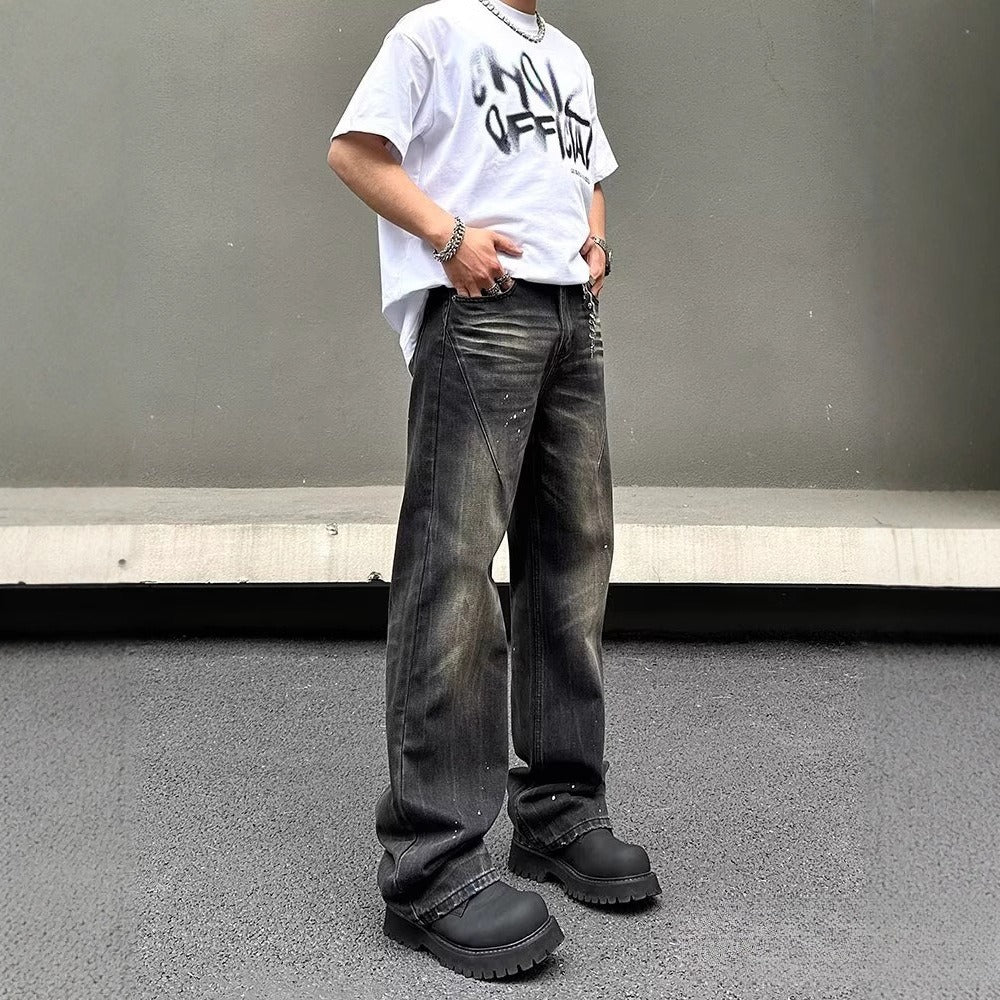 New American-style Retro High-street Black Tie-dye Straight-leg Jeans