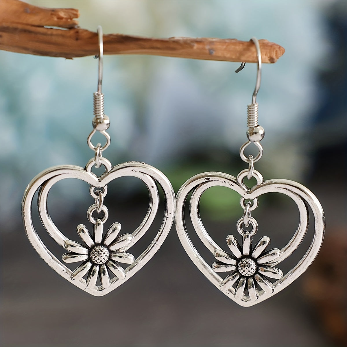 Love Double Layer Hollow Daisy Drop Earrings Women's Silver Plated Jewelry Gift