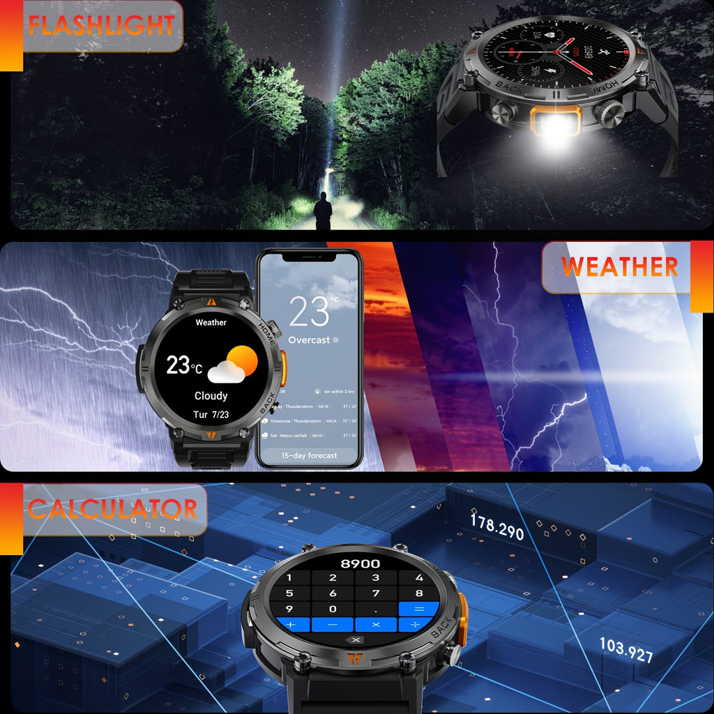 KE3 Sports Smart Watch for Men with Flashlight, LED Lighting, Answer/Make Calls, IPX8 Outdoor Sports Watch, Fitness Tracker, Pedometer, HD Touch Smartwatch, Smart Watches Compatible with iPhone And Android Phones