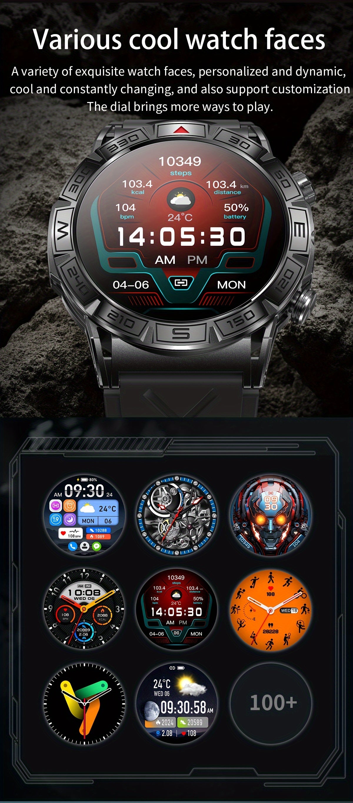 2024 New Outdoor Sport Smart Watch Men Women 1.43" AMOLED 450mAh Battery Wireless Calls SMS Notification Monitoring GPS Track+Altitude+Barometric Pressure+Compass+Flashlight Smart Watches For Android Iphone