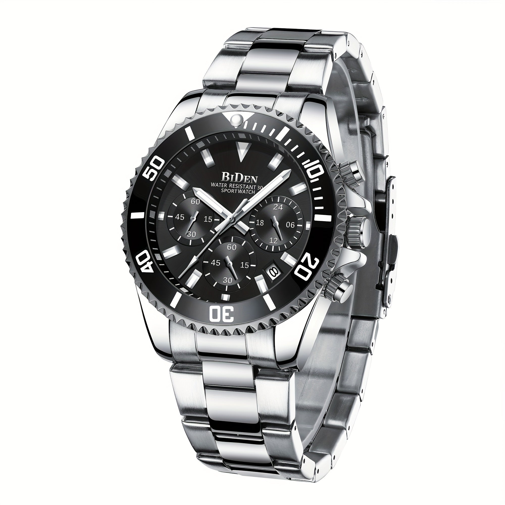 Mens Chronograph Stainless Steel Strap Waterproof Date Quartz Watch, Business Casual Wrist Watches