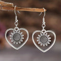 Retro Bohemian Hollow Heart With Sunflower Design Dangle Earrings Zinc Alloy Silver Plated Jewelry Female Trendy Gift