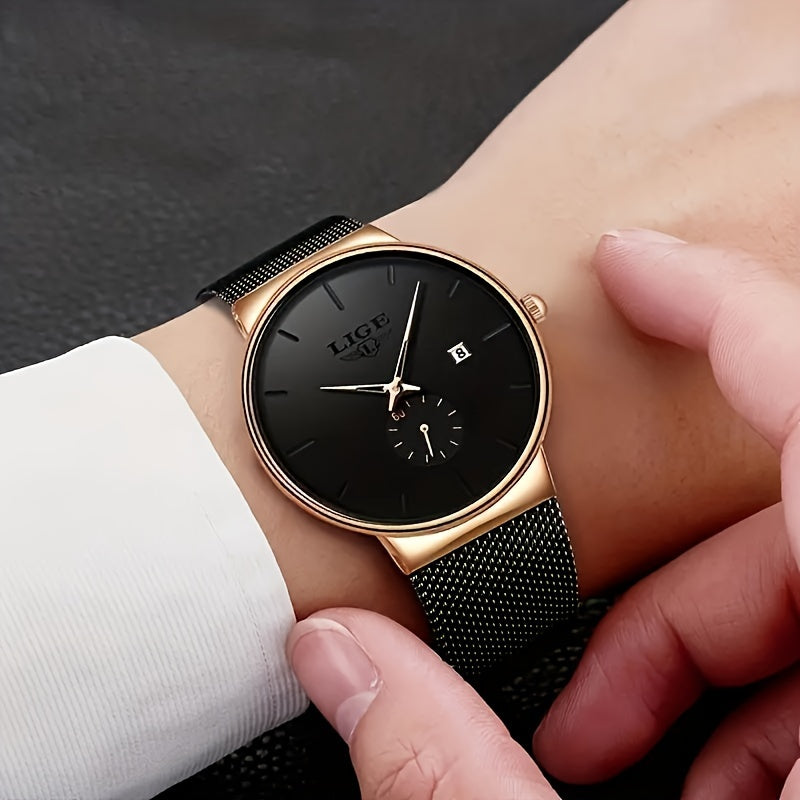 LIGE Minimalist Casual Men's Watch with Stainless Steel Mesh Belt. Leisure Fashion Men's Business Quartz Watches. Waterproof Calendar Wristwatch. Suitable for Gifts to Men.