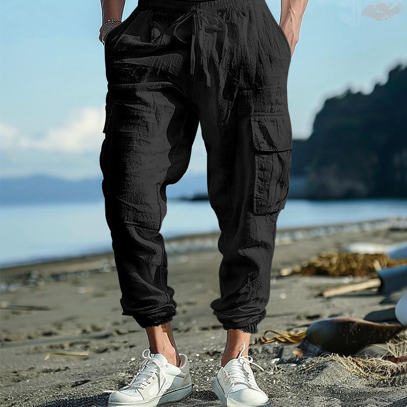 Mens Casual Cotton-Linen Pants With Multiple Pockets And A Drawstring