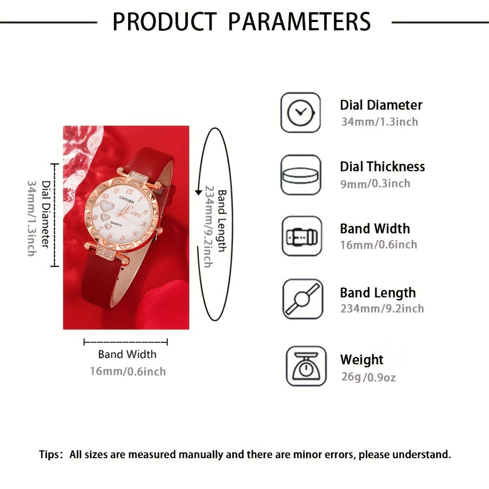 5pcs/set Adorable Heart Womens Watch - Glamorous Rhinestone Quartz Analog Wrist Watches & Jewelry Ensemble - Sparkling Timeless Accessories, Ideal Gift for Her