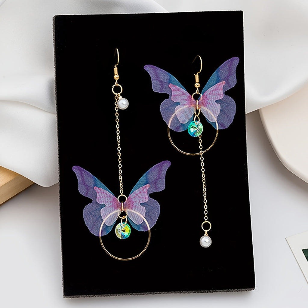 Stunning Butterfly Dangle Earrings - Drop & Dangle Jewelry with Sparkling Zirconia, Faux Pearl, Asymmetric Design, Silver Plated Alloy, Elegant and Eye-Catching Accessories for Women