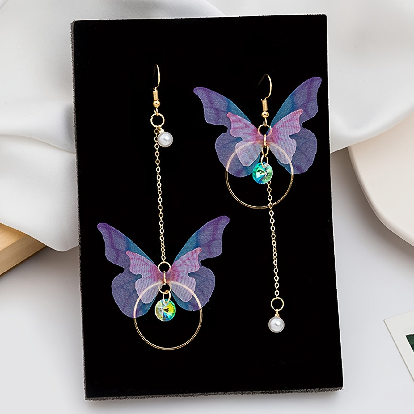 Stunning Butterfly Dangle Earrings - Drop & Dangle Jewelry with Sparkling Zirconia, Faux Pearl, Asymmetric Design, Silver Plated Alloy, Elegant and Eye-Catching Accessories for Women