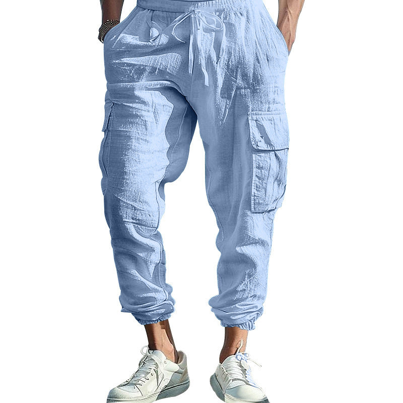 Mens Casual Cotton-Linen Pants With Multiple Pockets And A Drawstring