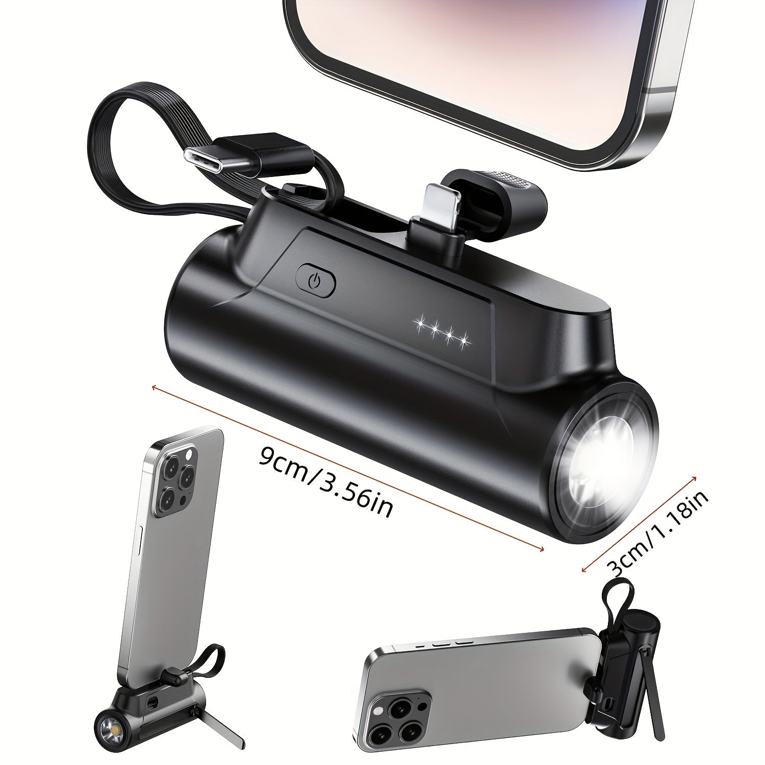 8000mAh Portable Charger Sunveza: Fast 5V3.1A Charging, Type-C Cable, Flashlight, Phone Holder, Compact, Lightweight, 2 Output Ports for iPhone and Android Phones - L9PROhei