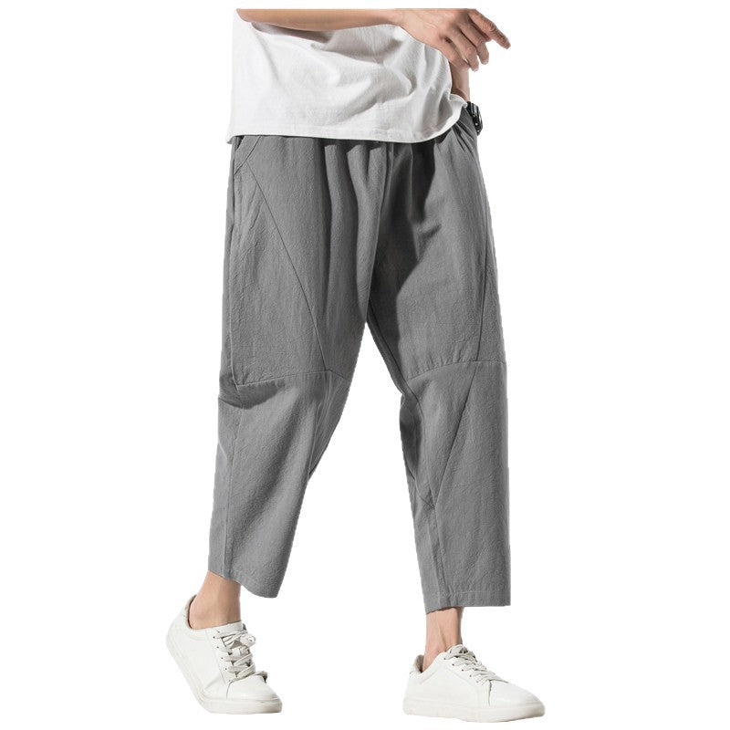 Mens Retro Plus-Size Straight-Cut Cotton-Linen Casual Pants