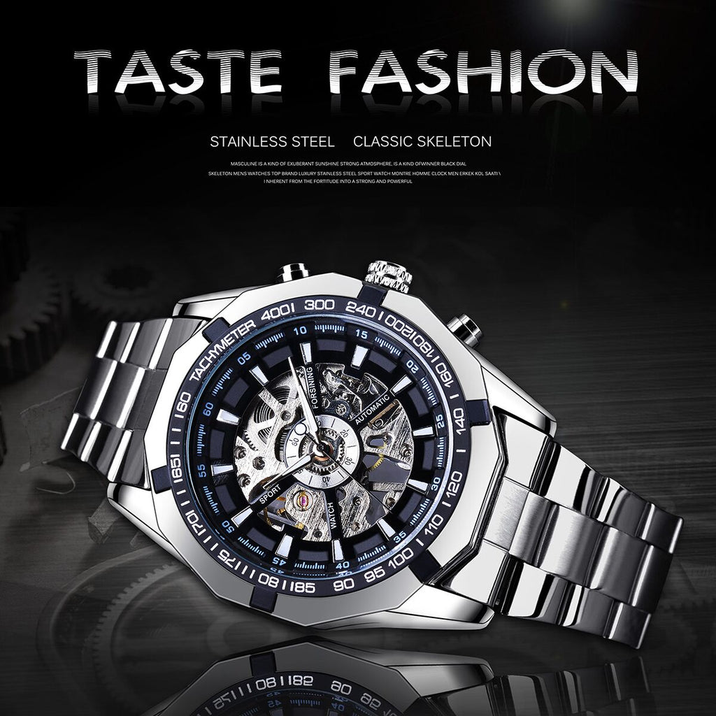 Forsining Stainless Steel Business Men's Automatic Mechanical Watches, Fashion Luminous Hollow Sport Wrist Watch, Ideal choice for Gifts