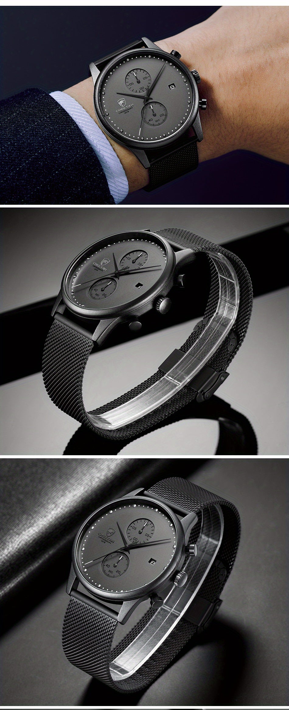 New CHEETAH Brand Fashion Casual Men Watches Chronograph Quartz Stainless Steel Mesh Waterproof Sports Clock with Auto Date