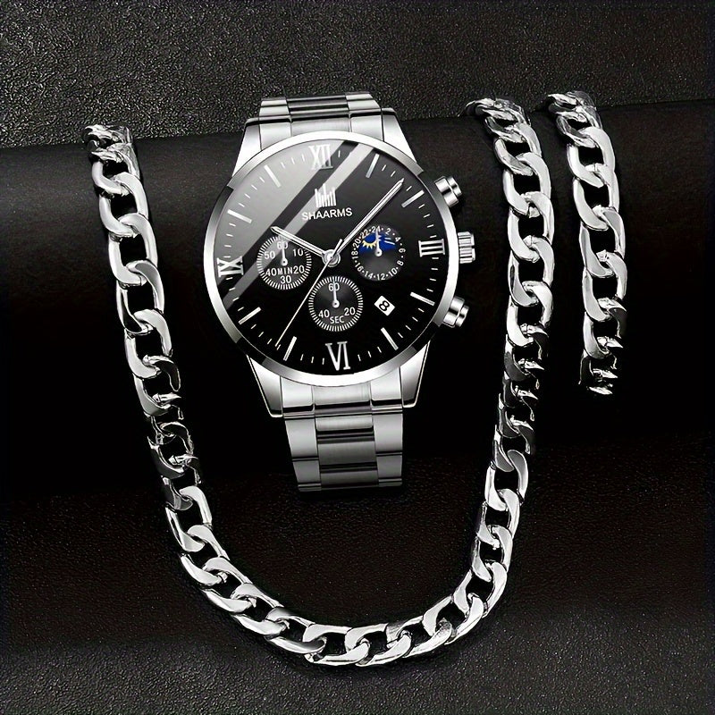 A Set Of 3 Stylish Stainless Steel Quartz Watches For Men, Perfect For Business, Leisure, And Sports. Comes With A Calendar Feature. Ideal As A Gift For Men.