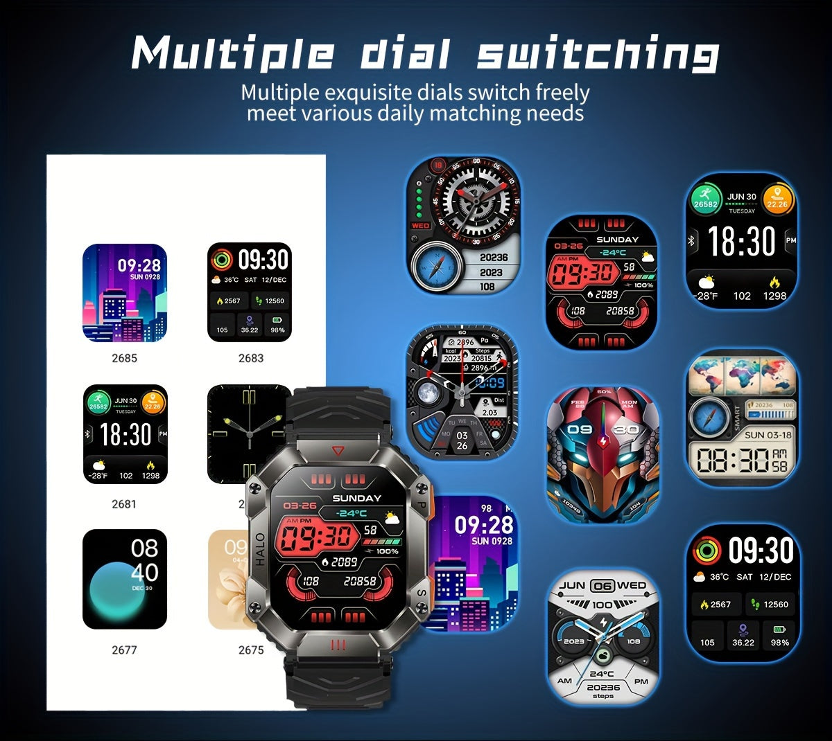 ساعة ذكية (للرد على المكالمات وإجراء المكالمات)، 2.0 بوصة، أكثر من 100 وضع رياضي، بوصلة لقياس الارتفاع والضغط، ونظام تحديد المواقع العالمي (GPS)، وعرض عنوان ماك، ساعات لأجهزة أندرويد وآيفون. ساعة لياقة بدنية للنساء والرجال.