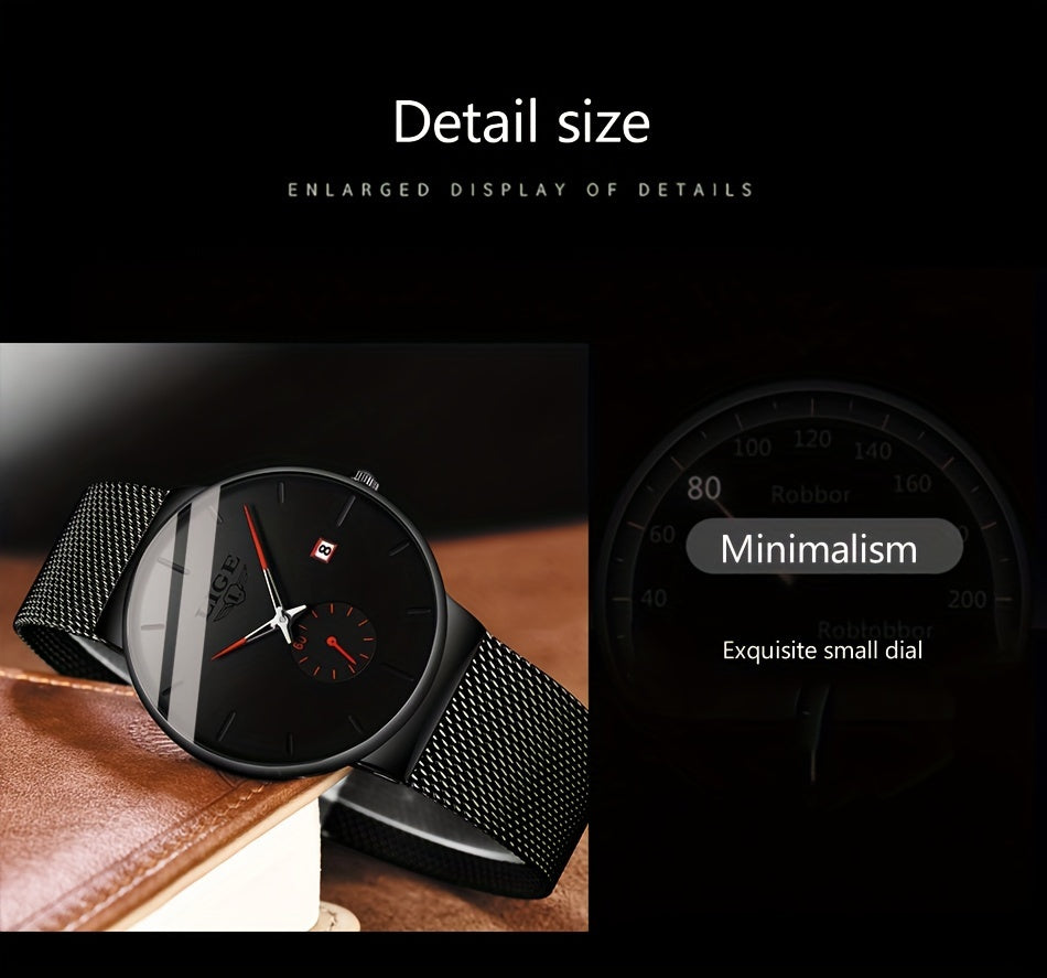 LIGE Minimalist Casual Men's Watch with Stainless Steel Mesh Belt. Leisure Fashion Men's Business Quartz Watches. Waterproof Calendar Wristwatch. Suitable for Gifts to Men.