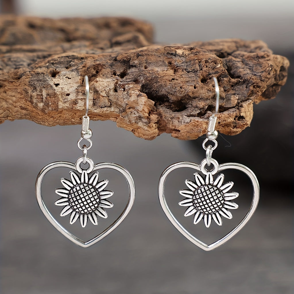 Retro Bohemian Hollow Heart With Sunflower Design Dangle Earrings Zinc Alloy Silver Plated Jewelry Female Trendy Gift