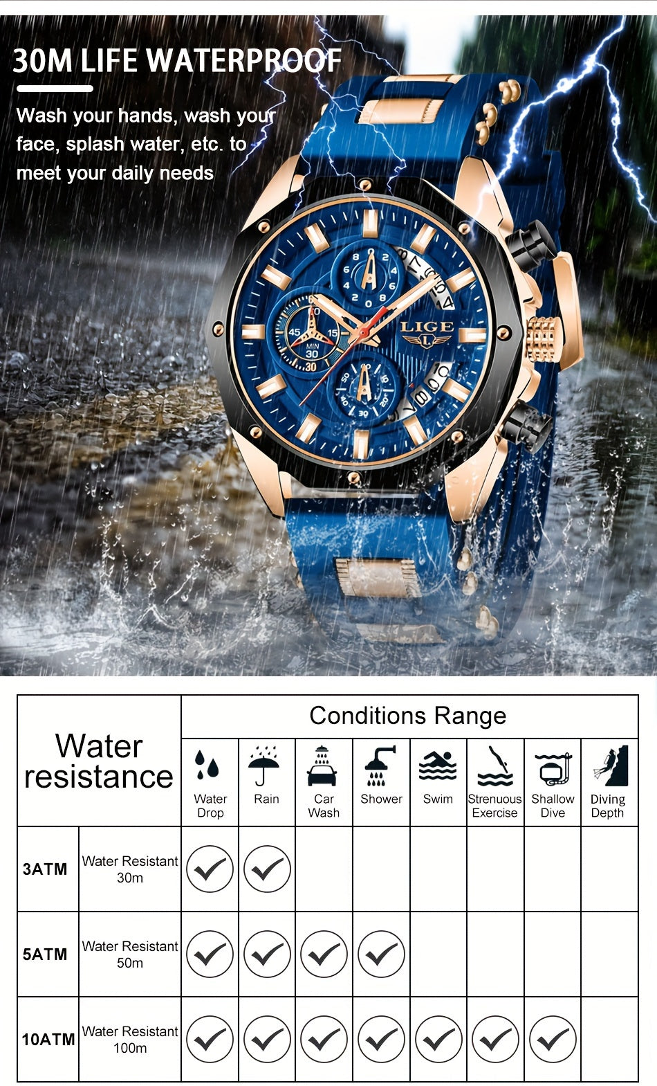 LIGE New Fashion Men's Watch. Chronograph Calendar luminous Quartzwatch. Outdoor Casual Waterproof Sports Watches. Suitable for giving to  Men.