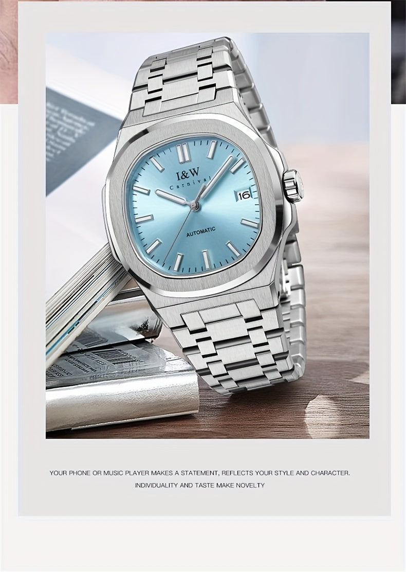 I&W CARNIVAL Men's Automatic Mechanical Watches, Waterproof Strong Luminous Full Steel Auto Date Watch