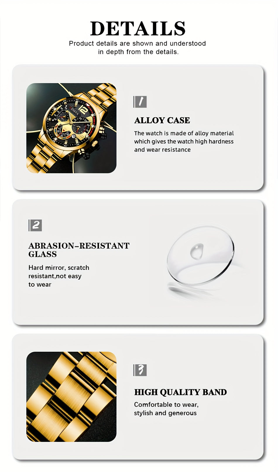 3pcs/set, Fashion Mens Business Stainless Steel Calendar Watches & Silvery Bracelet Cross Pendant Necklace