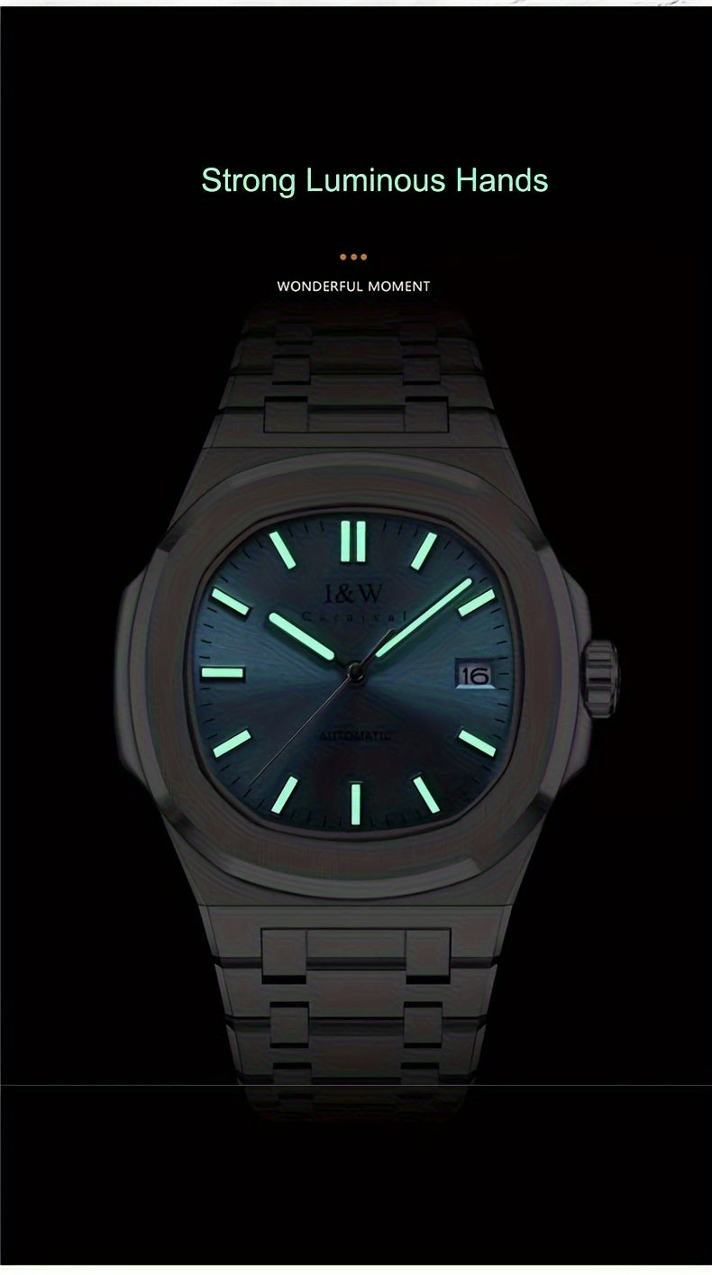 I&W CARNIVAL Men's Automatic Mechanical Watches, Waterproof Strong Luminous Full Steel Auto Date Watch