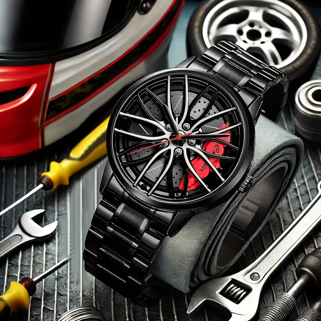 1pc Men's Trendy Black Alloy Sports Car Wheel Hub Design Quartz Watch - Fashionable Wrist Watches with Stylish Hubcap Pattern, Water Resistant and Accurate Timekeeping - Perfect for Outdoor Enthusiasts and Car Lovers