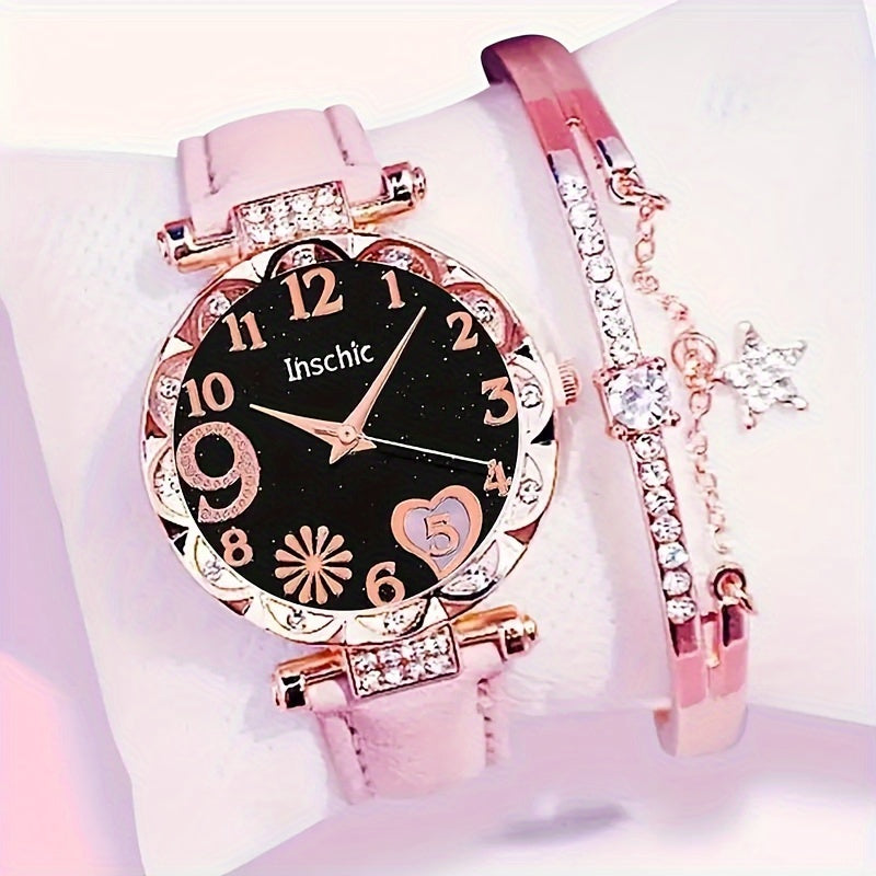 2pcs/set Women's Chic Quartz Heart-Shaped Watches and Sparkling Star Bracelet Set - an Elegant Gift For Her, The Perfect Choice For Valentine's Day