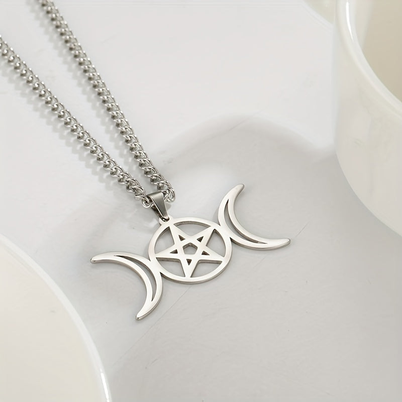 Moon Pentagram Round Pendant Necklace Stainless Steel Amulet Necklaces Jewelry