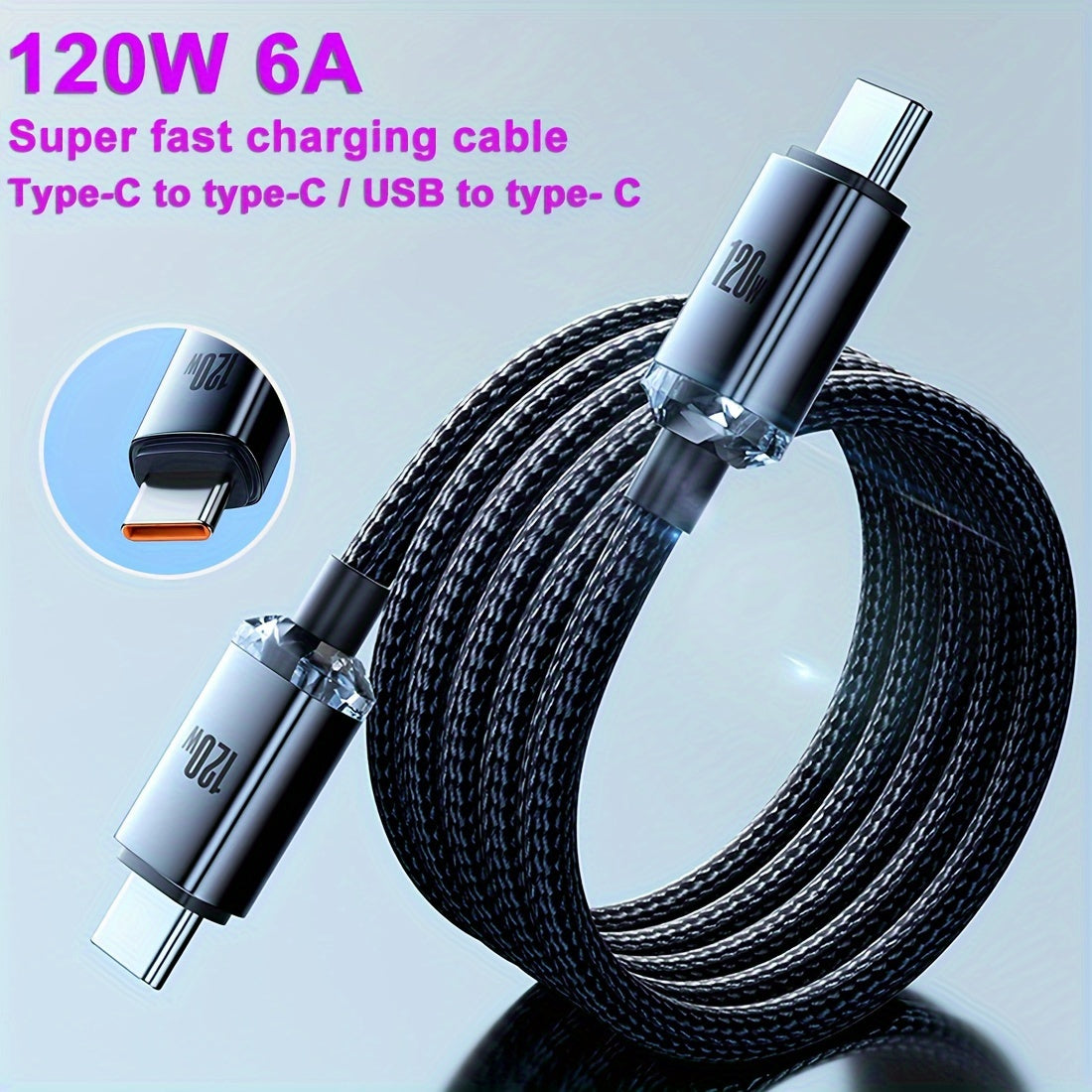 120W 6A Type-C to USB Fast Charging Cable, >80W Output Power, High-Speed Data Transfer, Compatible with For iPad/For MacBook/For SamSung For Galaxy Series/Redmi/For Android Phones