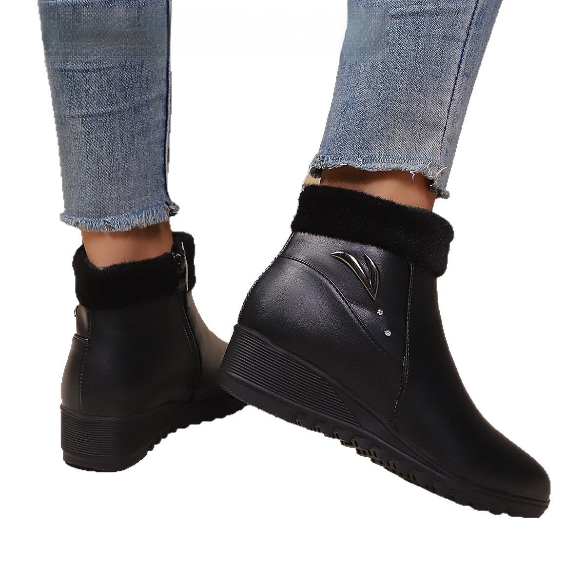 Women's Low Heel Round Toe Plus Fleece Side Zipper Boots